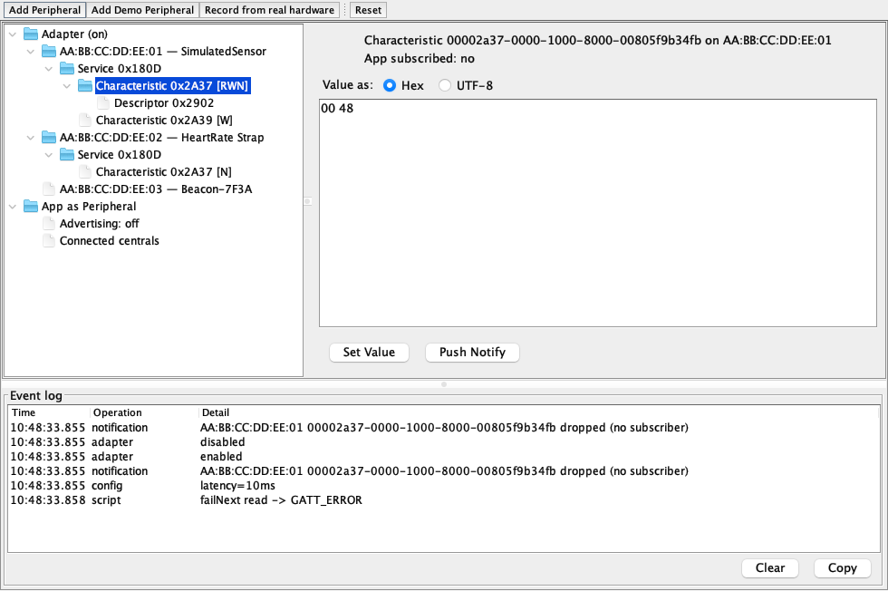 Bluetooth simulator with a virtual device tree and characteristic editor