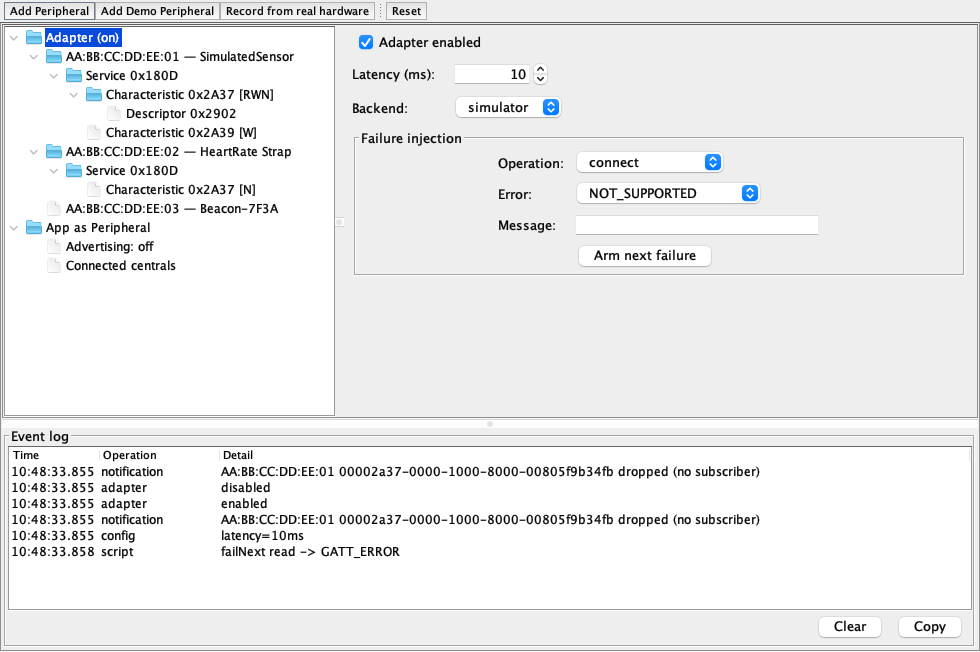 Bluetooth simulator event log during scan and connection