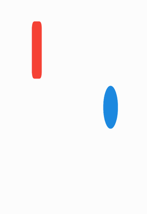 Animated Lottie playback: a red bar that pulses and rotates next to a blue ellipse that scales up and down