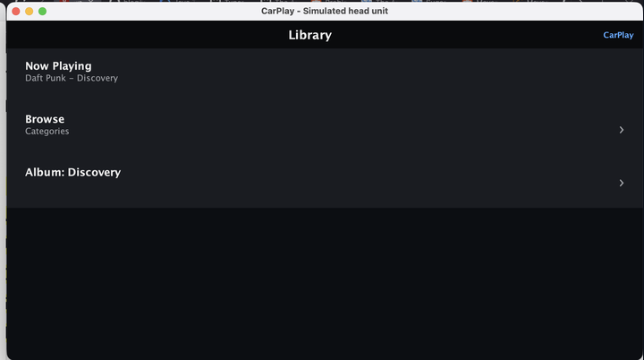 The Codename One simulator rendering a CarPlay-style list head unit