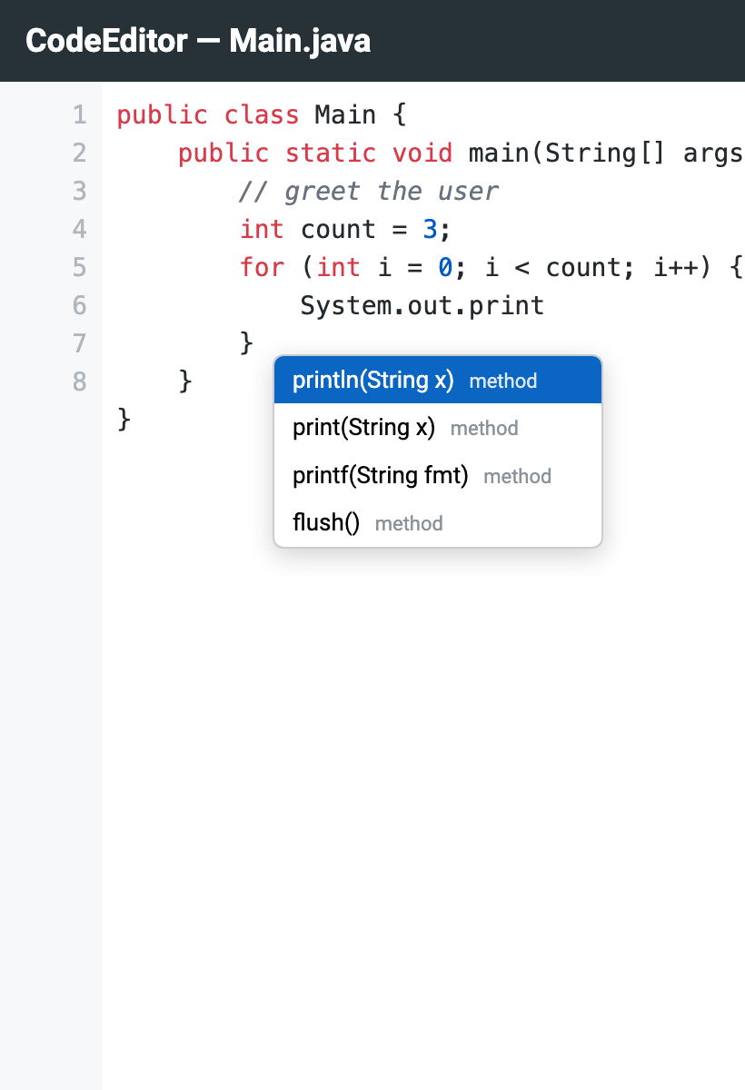 The CodeEditor with Java syntax highlighting, a gutter, and an async code-completion popup, and the RichTextArea WYSIWYG editor with a formatting toolbar