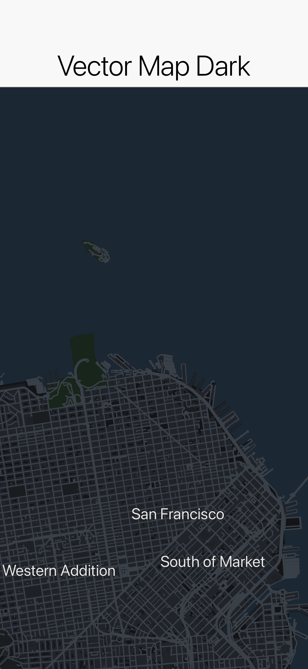 The same area of San Francisco in the built-in dark style
