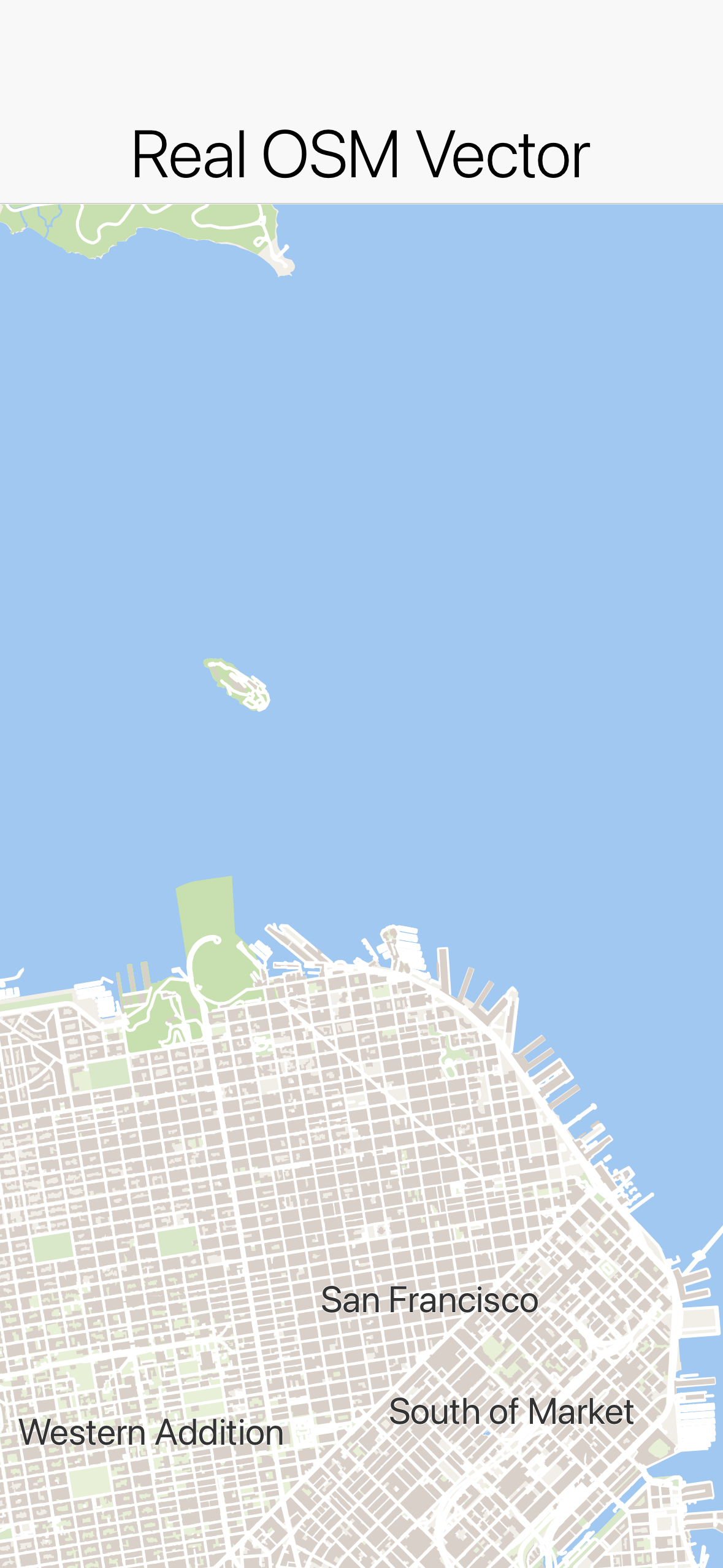 A pure-vector OpenStreetMap render and the same area in the built-in dark style, both drawn entirely through the Codename One Graphics pipeline with no native peer