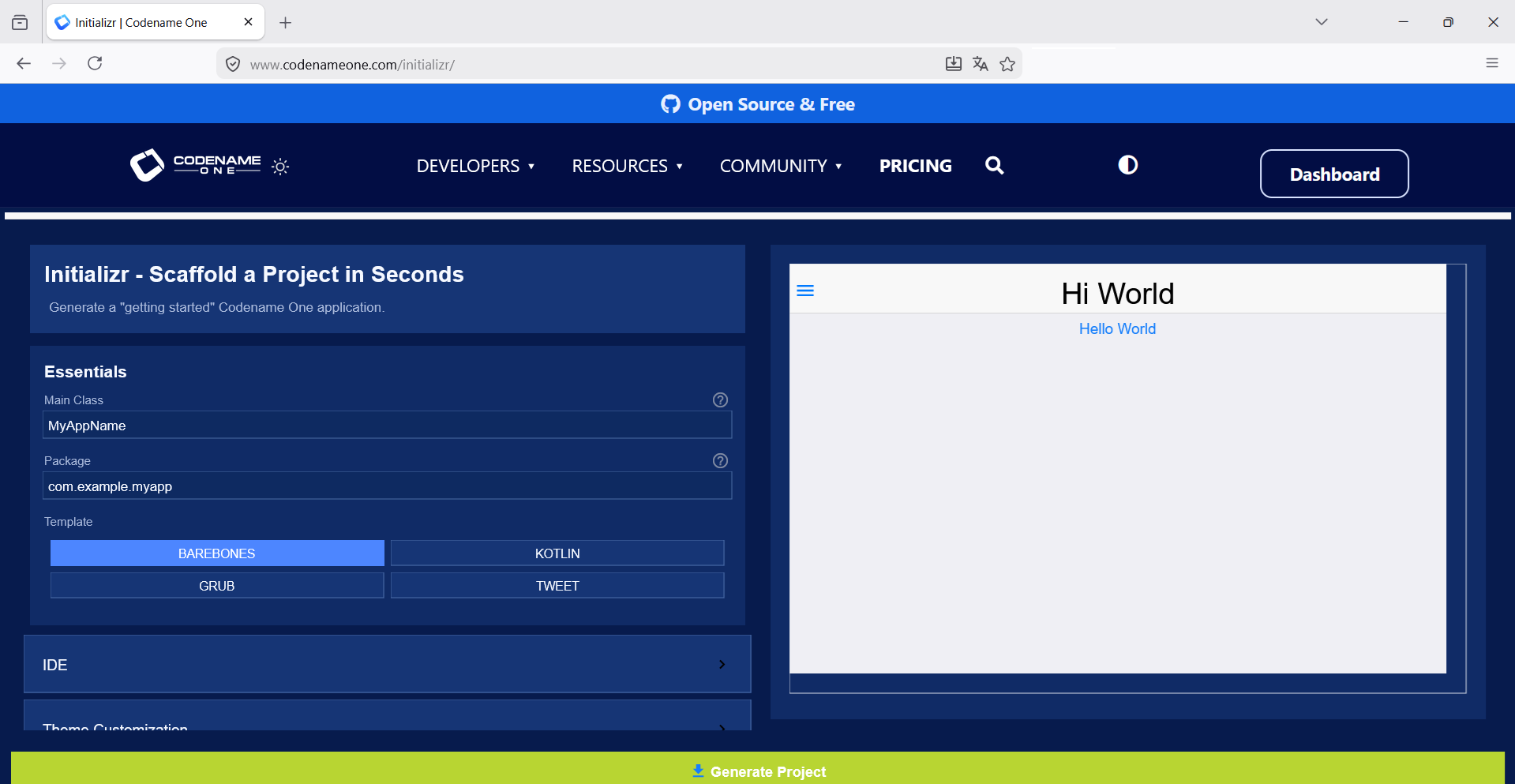 codenameone initializr screenshot