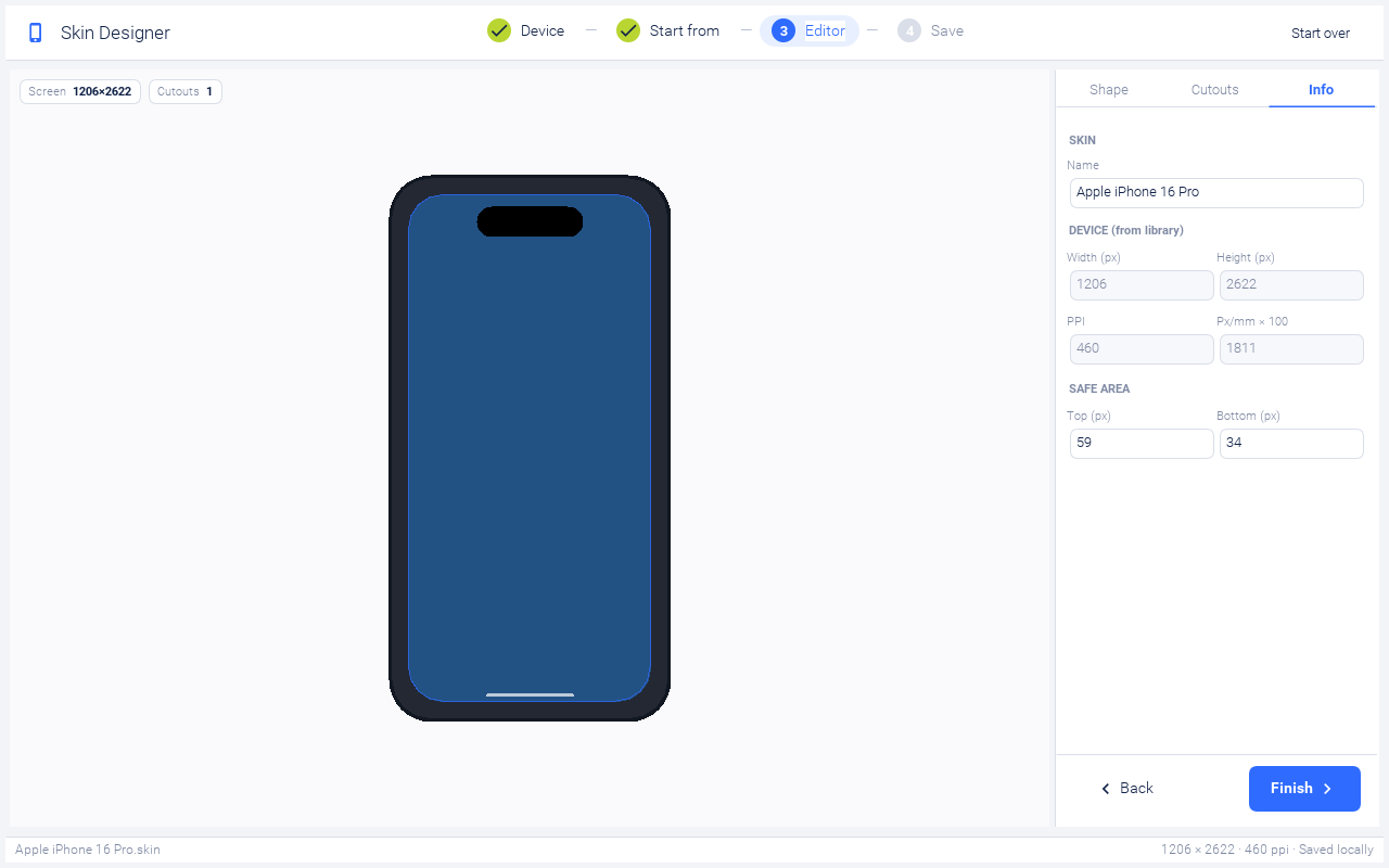 Editor showing the Info tab with the skin name and read-only device specs