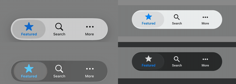 Native iOS 26 and Codename One Liquid Glass tab selection states in light and dark appearance